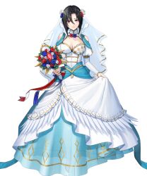 Rule 34 | 1girl, black hair, blue dress, bouquet, breasts, bridal veil, bride, cleavage, dress, fire emblem, fire emblem engage, fire emblem heroes, flower, freestyle18, full body, hair between eyes, hair ornament, highres, jewelry, long sleeves, looking at viewer, nel (fire emblem), nel (stoic bride) (fire emblem), nintendo, non-web source, official alternate costume, red eyes, short hair, strapless, strapless dress, tachi-e, two-tone dress, veil, wedding dress, white dress