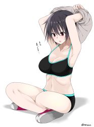Rule 34 | 1girl, absurdres, amu (258shin), armpits, black hair, blush, boyshort panties, breasts, highres, indian style, large breasts, original, red eyes, shoes, short hair, simple background, sitting, sneakers, solo, sports bra, sweatdrop, tomboy, translated, underwear, undressing, white background