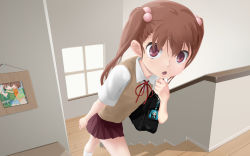 Rule 34 | 1girl, blush, brother and sister, brown hair, green eyes, hair bobbles, hair ornament, hatsune miku, highres, charm (object), long hair, md5 mismatch, open mouth, original, perspective, photo (object), school uniform, short hair, siblings, skirt, solo, stairs, sweater vest, twintails, vocaloid, walking, yuki18r