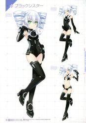 Rule 34 | 1girl, ;d, absurdres, armpits, bare shoulders, black footwear, black gloves, black sister, black thighhighs, bodysuit, boots, character name, choujigen game neptune mk2, choujijigen game neptune re;birth 2, drill hair, elbow gloves, flat chest, from side, full body, gloves, green eyes, grid background, hair between eyes, halterneck, hand up, high heel boots, high heels, highres, leg lift, leotard, long hair, looking at viewer, midriff, multiple views, navel, neptune (series), o-ring, o-ring top, official art, one eye closed, open mouth, power symbol, power symbol-shaped pupils, revealing clothes, scan, shin jigen game neptune vii, sidelocks, sleeveless, smile, standing, standing on one leg, symbol-shaped pupils, thigh boots, thighhighs, tsunako, turtleneck, twin drills, uni (neptunia), v-shaped eyebrows, white hair
