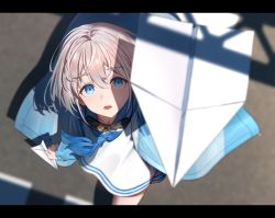 Rule 34 | 1girl, :o, ahoge, aqua eyes, blue jacket, blurry, depth of field, dress, foreshortening, goggles, goggles around neck, grey hair, highres, holding, idolmaster, idolmaster shiny colors, jacket, letterboxed, looking at object, looking up, neckerchief, paper airplane, sailor dress, serizawa asahi, shadow, short hair, solo, ven (ven neojio)