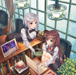 Rule 34 | 2girls, :d, ahoge, albino, armchair, ass, black bow, black bowtie, black skirt, black vest, blush, book, bookshelf, bow, bowtie, breast rest, breasts, cd, cd case, ceiling light, chair, coffee, collared shirt, computer, cup, curtains, dessert, dress shirt, drink, drinking straw, dvd (object), eyebrows, food, from above, glass, green eyes, hair between eyes, hair ornament, hairclip, holding, holding tray, ice, ice cube, indoors, lamp, laptop, large breasts, leaf, leaning forward, long hair, long sleeves, mint, mole, mole under eye, multiple girls, open mouth, original, pencil skirt, plant, plate, purple eyes, restaurant, saucer, serving, shio kouji (shiokojii), shirt, short hair, silver hair, skirt, sleeves past wrists, smile, spoon, standing, tablet pc, tray, vest, white shirt, x hair ornament