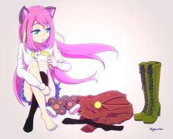 Rule 34 | 10s, 1girl, animal ears, animal hands, artist name, bad id, bad pixiv id, barefoot, black socks, blue eyes, boots, cat ears, collared shirt, cross-laced footwear, dress shirt, eyebrows, eyelashes, feet, floating hair, full body, gloves, gradient background, green footwear, hashimoto nyaa, high heel boots, high heels, holding, hugging own legs, jacket, kneehighs, lace-up boots, long hair, long sleeves, looking to the side, mizuiri, multicolored hair, no gloves, no shoes, osomatsu-san, parted lips, paw gloves, pink hair, pleated skirt, ribbon, shirt, signature, single kneehigh, single sock, sitting, skirt, socks, solo, streaked hair, untied, unworn boots, unworn gloves, unworn jacket, unworn legwear, white shirt, yellow ribbon