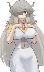 Rule 34 | 1girl, absurdres, animal ears, bad id, bad pixiv id, bare arms, breasts, brown eyes, dress, grey hair, hair over one eye, hands on own chest, highres, horns, interlocked fingers, kemono friends, large breasts, long hair, looking at viewer, low twintails, one eye covered, short sleeves, simple background, solo, twintails, very long hair, white background, white dress, yak (kemono friends), zuchi00
