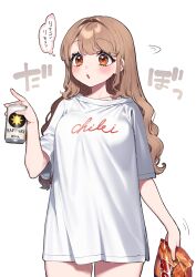 Rule 34 | 1girl, :o, absurdres, blush, brown hair, can, clothes writing, commentary request, highres, holding, holding can, kodama&#039;s elder sister (sakura yuki), long hair, orange hair, original, sakura yuki (clochette), shirt, short sleeves, simple background, standing, t-shirt, thighs, thought bubble, white background, white shirt