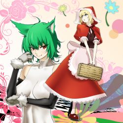 Rule 34 | 2girls, ahoge, alice margatroid, animal ears, apron, bare shoulders, basket, big bad wolf, big bad wolf (cosplay), blonde hair, blue eyes, bodysuit, breasts, capelet, cosplay, elbow gloves, fangs, flower, gloves, green hair, highres, hood, impossible clothes, kazami yuuka, kemonomimi mode, lace, little red riding hood, little red riding hood (grimm), little red riding hood (grimm) (cosplay), mattari yufi, multiple girls, pantyhose, red eyes, short hair, skin tight, skirt, smile, touhou, vest, waist apron, white legwear, wolf ears