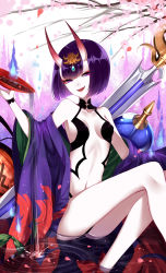 Rule 34 | 1girl, :d, absurdres, breasts, cleavage, cup, fangs, fate/grand order, fate (series), hair between eyes, highres, holding, horns, looking at viewer, open mouth, petals, purple eyes, purple hair, sakazuki, sheya, short hair, shuten douji (fate), shuten douji (first ascension) (fate), sideboob, sitting, small breasts, smile, soaking feet, solo