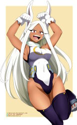 Rule 34 | 1girl, absurdres, armpits, arms up, artist name, bare arms, bare shoulders, belt, boku no hero academia, border, breasts, clenched hands, collarbone, covered navel, crescent print, dark-skinned female, dark skin, eyelashes, feet up, female focus, fur collar, gloves, groin, highres, iharuluna, knees together feet apart, large breasts, legs, leotard, long eyelashes, long hair, looking at viewer, mirko, neck, no bra, no panties, open mouth, parted bangs, print leotard, purple thighhighs, rabbit ears, rabbit girl, rabbit pose, red eyes, revealing clothes, sidelocks, skin tight, sleeveless, sleeveless turtleneck leotard, standing, standing on one leg, superhero costume, thighhighs, thighs, thighs together, tight clothes, toned, very long hair, white border, white gloves, white hair, white leotard