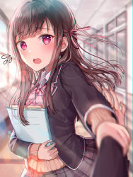 Rule 34 | 1girl, blazer, blurry, blurry background, blush, book, bow, bowtie, brown hair, collared shirt, commentary request, depth of field, hair ribbon, highres, holding, holding book, indoors, jacket, long hair, long sleeves, looking at viewer, open mouth, original, pink neckwear, pink ribbon, pleated skirt, pulling, purple eyes, ribbon, sakura (39ra), school, school uniform, shirt, skirt, solo focus, sunlight, uniform