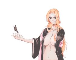 Rule 34 | 00s, 1girl, bleach, blonde hair, breasts, bug, butterfly, cleavage, colorized, bug, large breasts, long hair, matsumoto rangiku, mole, mole under mouth, no bra, open clothes, open shirt, red hair, shirt, solo