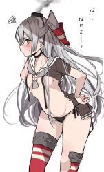 Rule 34 | 1girl, amatsukaze (kancolle), black panties, blush, breasts, brown dress, censored, censored nipples, chigasaki yukari, closed mouth, convenient censoring, dress, grey neckwear, hair between eyes, hair censor, hair tubes, hands on own hips, highres, kantai collection, long hair, orange eyes, panties, red thighhighs, sailor collar, sailor dress, see-through, side-tie panties, simple background, small breasts, smoke, solo, squiggle, striped clothes, striped thighhighs, sweat, thighhighs, torn clothes, torn thighhighs, translation request, two side up, underwear, white background, white sailor collar