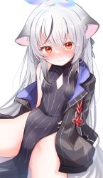 Rule 34 | 1girl, animal ears, baram, black hair, black jacket, blue archive, blush, breasts, cameltoe, dress, grey hair, halo, highres, jacket, kokona (blue archive), long hair, looking at viewer, multicolored hair, simple background, small breasts, solo, spread legs, streaked hair, striped clothes, striped dress, tearing up, tears, white background