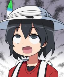 Rule 34 | 10s, 1girl, ahegao, backpack, bag, black eyes, black hair, bucket hat, collarbone, eyebrows, feathers, hair between eyes, hat, hat feather, kaban (kemono friends), kemono friends, looking up, open mouth, red shirt, rolling eyes, safari hat, shirt, short hair, solo, super masara, super masara ahegao, upper body