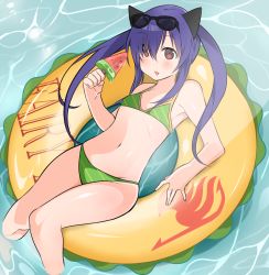 Rule 34 | 1girl, animal ears, bad id, bad pixiv id, bikini, blue hair, blush, brown eyes, eyewear on head, fairy tail, fake animal ears, flat chest, food, glasses, innertube, long hair, looking at viewer, mikagelove, navel, popsicle, solo, sunglasses, swim ring, swimsuit, triangle mouth, twintails, water, watermelon bar, wendy marvell