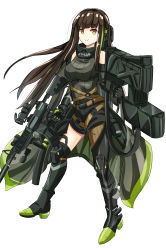 Rule 34 | 1girl, absurdres, assault rifle, bare shoulders, belt, brown eyes, brown hair, girls&#039; frontline, gloves, gun, highres, holding, holding gun, holding weapon, long hair, m4 carbine, m4a1 (girls&#039; frontline), m4a1 (mod3) (girls&#039; frontline), multicolored hair, mutugorou u, particle cannon case, rifle, shorts, skull print, solo, streaked hair, weapon