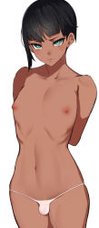 Rule 34 | 1boy, arms behind back, black hair, blush, bulge, eyelashes, green eyes, highres, looking at viewer, male focus, megami tensei, navel, nipples, nuezou, one-piece swimsuit, penis, protagonist (smtv), ribs, shin megami tensei, shin megami tensei v, short hair, simple background, solo, stomach, sweatdrop, swimsuit, tan, third-party edit, thong, topless male, trap, underwear, white one-piece swimsuit