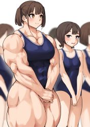 Rule 34 | absurdres, biceps, blue eyes, blue one-piece swimsuit, blush, breasts, brown dress, brown eyes, dress, height difference, highres, large breasts, matching hair/eyes, multiple girls, musctonk, muscular, muscular arms, muscular female, muscular legs, one-piece swimsuit, pectorals, school swimsuit, short hair, simple background, size difference, sweatdrop, swimsuit, thick thighs, thighs, transparent background, twintails, veins, veiny arms