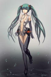 Rule 34 | 1girl, boots, center opening, elbow gloves, gloves, green hair, hatsune miku, hatsune miku (append), highres, long hair, naoki yukira, navel, necktie, solo, thigh boots, thighhighs, twintails, very long hair, vocaloid, vocaloid append