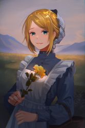 Rule 34 | 1girl, :d, apron, basket, blonde hair, blue eyes, flower, grey shirt, highres, holding, holding basket, holding flower, kagamine rin, long sleeves, looking at viewer, maid, open mouth, outdoors, parted bangs, project sekai, shirt, short hair, smile, solo, standing, tsaishanny, vocaloid, white apron, yellow flower