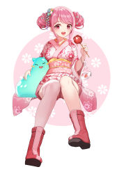 Rule 34 | 1girl, :d, absurdres, animalization, bang dream!, blush, boots, bow, candy, candy apple, commentary, dopamine70, food, highres, holding, holding candy, holding food, japanese clothes, kimono, long hair, looking at viewer, maruyama aya, open mouth, pink eyes, pink footwear, pink hair, pink kimono, ribbon, single thighhigh, smile, solo, thighhighs, twintails, white thighhighs