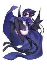 Rule 34 | black hair, black sclera, black skin, blue robe, bright pupils, colored sclera, colored skin, demon girl, demon wings, floating, forked tongue, full body, hair between eyes, knees up, long hair, looking at viewer, low wings, multicolored skin, multiple tails, original, oversized clothes, pink eyes, pointy ears, robe, rtsusk09, sharp toenails, sidelocks, snake head tail, snake tail, solo, tail, toenails, tongue, twitter username, two tails, white background, white pupils, wings