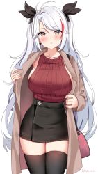 Rule 34 | 1girl, artist name, azur lane, bag, black ribbon, black skirt, black thighhighs, blush, breasts, brown coat, brown eyes, casual, coat, collarbone, commentary request, earrings, hair ribbon, head tilt, highres, jewelry, kaetzchen, large breasts, long hair, looking at viewer, mole, mole on breast, multicolored hair, open clothes, open coat, parted lips, prinz eugen (azur lane), red hair, red sweater, revision, ribbon, ring, shoulder bag, sideboob, signature, simple background, skindentation, skirt, sleeveless, sleeveless sweater, solo, streaked hair, sweater, thighhighs, thighs, very long hair, wedding band, white background, white hair, zettai ryouiki