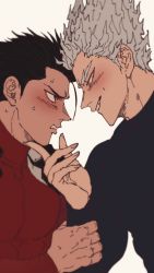 Rule 34 | 2boys, black hair, blurry, blush, bodysuit, chun (luxtan), couple, eye contact, garou (one-punch man), hair slicked back, hand on another&#039;s chin, highres, kinzoku bat, looking at another, male focus, multiple boys, one-punch man, silver hair, simple background, skin tight, spiked hair, tagme, tight clothes, toned, toned male, yaoi, yellow eyes
