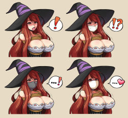 Rule 34 | !, !?, ...!, 1girl, arms behind back, asphyxiation, bare shoulders, bdsm, blush, bondage, bound, breasts, cleavage, cloth gag, dragon&#039;s crown, gag, gagged, gagging, hat, heart, highres, huge breasts, improvised gag, jam-orbital, layered gags, long hair, multiple views, open mouth, over the nose gag, red hair, rope, shibari, simple background, sorceress (dragon&#039;s crown), spoken exclamation mark, spoken heart, standing, swept bangs, tape, tape gag, witch hat, yellow eyes