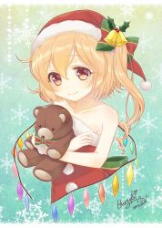 Rule 34 | 1girl, aqua background, artist name, back bow, bare shoulders, blonde hair, bow, christmas, closed mouth, commentary, crystal, dated, dress, flandre scarlet, fur-trimmed dress, fur trim, green bow, haruki (colorful macaron), hat, hat bell, hat bow, highres, holding, holding stuffed toy, holly, holly hat ornament, looking at viewer, medium hair, mob cap, one side up, red eyes, red hat, santa dress, santa hat, signature, smile, snowflake background, solo, strapless, strapless dress, stuffed animal, stuffed toy, teddy bear, touhou, wings