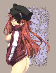 Rule 34 | 10s, 1girl, ass, blue eyes, bottomless, breasts, cowboy shot, evangelion: 3.0 you can (not) redo, eyepatch, from side, hair between eyes, hands in pockets, hat, highres, jacket, leaning forward, long hair, looking at viewer, nagy, neon genesis evangelion, nipples, no bra, no panties, orange hair, parted lips, rebuild of evangelion, solo, souryuu asuka langley, track jacket, unzipped