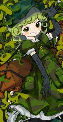 Rule 34 | 1girl, absurdres, bag, black gloves, black thighhighs, blush stickers, brown bag, camouflage, camouflage headwear, camouflage shirt, camouflage skirt, commentary, commission, cowboy shot, curly hair, elbow gloves, flat cap, frilled skirt, frills, gloves, green eyes, green hair, green hat, green shirt, green skirt, green theme, grin, hand up, hat, highres, key, leaf, looking at viewer, medium hair, neruzou, puffy short sleeves, puffy sleeves, raised eyebrow, shirt, short sleeves, skeb commission, skirt, skirt set, smile, solo, teeth, thighhighs, touhou, yamashiro takane