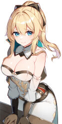 Rule 34 | 1girl, absurdres, arm support, bare shoulders, black bow, black gloves, blonde hair, blue eyes, bow, breasts, cleavage, commentary request, detached collar, detached sleeves, genshin impact, gloves, hair between eyes, hair bow, highres, jean (genshin impact), large breasts, leaning forward, leggings, long hair, long sleeves, looking at viewer, nervous smile, pants, ponytail, rikoma, shirt, sidelocks, smile, solo, standing, strapless, strapless shirt, white pants, white shirt