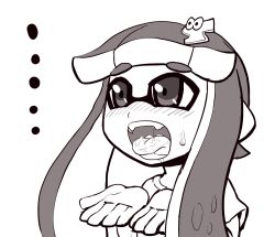 Rule 34 | ..., 1girl, blush, domino mask, female focus, greyscale, hair ornament, hairpin, hands up, inkling player character, long hair, mask, monochrome, nintendo, open mouth, saliva, shirt, short sleeves, simple background, solo, splatoon (series), sweat, teeth, tentacle hair, tentacles, tongue, tongue out, twintails, upper body, usa (dai9c carnival), uvula, white background