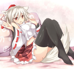 Rule 34 | 1girl, animal ears, between legs, black thighhighs, blush, breasts, cushion, detached sleeves, efe, face, feet, female focus, hat, inubashiri momiji, large breasts, midriff, navel, no panties, open mouth, red eyes, red skirt, shirt, silver hair, sitting, skirt, solo, tail, tail between legs, tassel, thighhighs, touhou, upskirt, white shirt, wolf ears, wolf tail