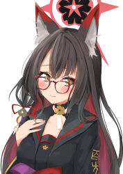 Rule 34 | 1girl, absurdres, animal ear fluff, animal ears, bespectacled, black sailor collar, black shirt, blue archive, blush, brown hair, closed mouth, colored inner hair, commentary request, fox ears, fox girl, glasses, hair ribbon, halo, highres, long hair, looking at viewer, multicolored hair, pink halo, rakio deeeesu, red hair, red ribbon, ribbon, sailor collar, shirt, simple background, smile, solo, two-tone hair, unfinished, upper body, wakamo (blue archive), white background, yellow eyes