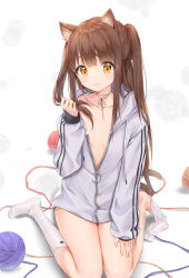 Rule 34 | 1girl, animal ear fluff, animal ears, brown eyes, brown hair, cat ears, cat girl, cat tail, closed mouth, collarbone, cuna (qunya), drawstring, flat chest, glint, grey jacket, hand up, highres, hood, hood down, hooded jacket, jacket, kneehighs, light particles, long hair, long sleeves, looking at viewer, no pants, original, partially unzipped, shadow, sitting, socks, solo, tail, thighs, two side up, very long hair, wariza, white background, white socks, yarn, yarn ball, zipper, zipper pull tab