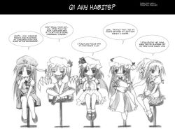 Rule 34 | 5girls, angry, annoyed, apron, ascot, bat wings, blush, bonnet, bow, braid, chibi, china dress, chinese clothes, comic, crescent, crossover, dress, flandre scarlet, greyscale, hair bow, hand on lap, hard-translated, hat, hat bow, hong meiling, ichigo mashimaro, izayoi sakuya, knife, crossed legs, long hair, maid, maid apron, maid headdress, mary janes, monochrome, multiple girls, night clothes, hugging object, parody, patchouli knowledge, ponytail, remilia scarlet, shoes, short hair, siblings, side ponytail, sidelocks, sisters, sitting, socks, star (symbol), sweatdrop, third-party edit, throwing knife, touhou, translated, twin braids, v arms, very long hair, weapon, wings