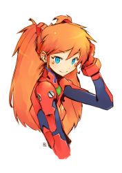 Rule 34 | 1girl, andrewcockroach, blue eyes, blush, bodysuit, breasts, closed mouth, hand up, long hair, looking at viewer, neon genesis evangelion, orange hair, pilot suit, plugsuit, red bodysuit, signature, simple background, small breasts, smile, solo, souryuu asuka langley, twintails, upper body, white background
