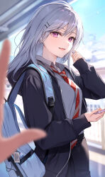 Rule 34 | 1girl, 1other, backpack, bag, bag charm, black hoodie, black skirt, blue bag, blue sky, breasts, cellphone, charm (object), check copyright, collared shirt, copyright request, earphones, grey hair, grey shirt, hair ornament, hairclip, highres, holding, holding earphones, holding phone, hood, hoodie, looking at viewer, medium breasts, medium hair, mole, mole under mouth, necktie, open clothes, open hoodie, open mouth, original, outdoors, outstretched arm, phone, pov, purple eyes, red necktie, school uniform, shirt, skirt, sky, smile, solo, solo focus, striped necktie, train station, upper body, waving, white necktie, wireless earphones, zattape