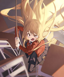 Rule 34 | 1girl, aisaka taiga, angry, black ribbon, black skirt, black thighhighs, blood, blood on face, brown eyes, brown hair, commentary request, desk, fighting stance, floating hair, highres, holding, jacket, long hair, long sleeves, looking at viewer, lower teeth only, neck ribbon, nosebleed, oohashi high school uniform, open mouth, red jacket, ribbon, sb lama, school desk, school uniform, shirt, skirt, solo, sword, tearing up, teeth, thighhighs, toradora!, weapon, white shirt, wooden sword
