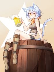 Rule 34 | 1girl, :p, ;p, alcohol, animal ears, arm support, barrel, beer, beer mug, beige background, belt, blue hair, blush, boots, breasts, brown footwear, buckle, cat ears, cat tail, cup, drinking glass, scar on face, foam, foot dangle, full body, fur trim, highres, holding, holding cup, holding drinking glass, knee boots, midriff peek, mug, neckerchief, one eye closed, orange eyes, original, ryota tentei, scar, scar on cheek, scar on face, short shorts, shorts, silver hair, sitting, sitting on object, sleeveless, solo, tail, tongue, tongue out, tora tentei, wink