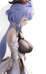 Rule 34 | 1girl, ahoge, backless outfit, bare shoulders, bell, black leotard, blue hair, bodystocking, bodysuit, breasts, brown pantyhose, closed eyes, covered erect nipples, detached sleeves, from side, ganyu (genshin impact), genshin impact, gold trim, groin, highres, horns, large breasts, leotard, leotard under clothes, long hair, low ponytail, mezurashiiaji, neck bell, pantyhose, sidelocks, sleeping, solo, very long hair, white background, white sleeves