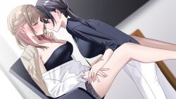 Rule 34 | 2girls, between legs, black hair, black shirt, blue eyes, blush, breasts, brown hair, brown jacket, chair, chigusa minori, cleavage, closed mouth, collarbone, dutch angle, ear blush, earrings, from side, grey skirt, half updo, hand up, highres, indoors, jacket, jacket on shoulders, jewelry, kiyotsu chizu, large breasts, light brown hair, lip trip, long hair, maiguma rino, medium breasts, medium hair, multicolored hair, multiple girls, official art, pants, parted lips, partially undressed, pink eyes, pink hair, profile, shirt, sidelocks, sitting, skirt, striped clothes, striped skirt, stud earrings, sweatdrop, tearing up, two-tone hair, white pants, yuri