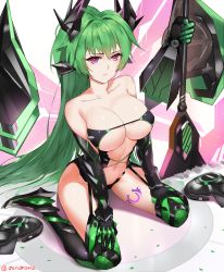 Rule 34 | 1girl, absurdres, bare shoulders, black footwear, black gloves, black thighhighs, boots, breasts, cleavage, dark persona, elbow gloves, full body, gloves, green hair, green heart (neptunia), green heart (chaos form), hair between eyes, headgear, highres, holding, holding weapon, large breasts, long hair, looking at viewer, navel, nepnep connect: chaos chanpuru, neptune (series), ponytail, power symbol, purple eyes, revealing clothes, sendo (sendrawz), sitting, solo, symbol-shaped pupils, tattoo, thighhighs, underboob, vert (neptunia), very long hair, weapon