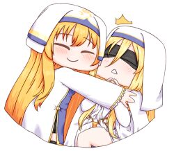 2girls ^^^ black_blindfold black_shorts blindfold blonde_hair blush chibi chibi_only closed_mouth goblin_slayer! hair_between_eyes hat hug long_hair masequiredcat multiple_girls priestess priestess_(goblin_slayer!) robe shorts smile sword_maiden thighs triangle_mouth white_hat white_robe white_veil