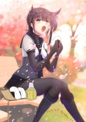 Rule 34 | 1girl, anchor symbol, bench, black bodysuit, black gloves, black hair, black skirt, bodysuit, cherry blossoms, clothes writing, commentary request, dated, day, eating, food, gloves, hachimaki, hair flaps, hairband, hatsuzuki (kancolle), headband, kantai collection, miniskirt, moke ro, neckerchief, one-hour drawing challenge, onigiri, open mouth, outdoors, petals, pleated skirt, sailor collar, school uniform, serafuku, short hair, sitting, skirt, solo, twitter username, yellow eyes