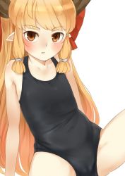 Rule 34 | 1girl, bad id, bad twitter id, black one-piece swimsuit, blonde hair, blush, cameltoe, collarbone, horns, ibuki suika, looking at viewer, nishiuri, one-piece swimsuit, orange hair, pointy ears, simple background, solo, spread legs, swimsuit, touhou, white background