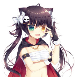 Rule 34 | &gt;:3, &gt;:d, 1girl, :3, :d, ahoge, animal ears, arm strap, black gloves, blush, breasts, cat ears, cat girl, chain, chuunibyou, cleavage, cloak, cross hair ornament, doyagao, fang, fingerless gloves, gloves, green eyes, hair between eyes, hair ornament, hairclip, heterochromia, long hair, looking at viewer, medium breasts, navel, okazaki milte, open mouth, original, sarashi, simple background, skull hair ornament, smile, smug, solo, twintails, upper body, v, v-shaped eyebrows, white background, x hair ornament, yellow eyes