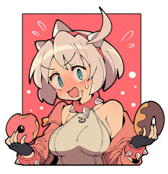 Rule 34 | 1girl, @ @, black gloves, blue eyes, blush, bracelet, breasts, chocolate doughnut, collar, crumbs, doughnut, elphelt valentine, fingerless gloves, flying sweatdrops, food, gloves, grey hair, guilty gear, guilty gear strive, highres, holding doughnut, itsuka neru, jacket, jewelry, large breasts, open clothes, open jacket, open mouth, pink doughnut, pink jacket, short hair, solo, spiked bracelet, spiked collar, spiked jacket, spikes, sweat, upper body