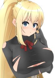 Rule 34 | 1girl, :o, absurdres, blonde hair, blue eyes, bodysuit, breast hold, breasts, darkness (konosuba), hair between eyes, highres, kono subarashii sekai ni shukufuku wo!, large breasts, looking at viewer, no bra, open mouth, ponytail, sidelocks, simple background, taut clothes, torn clothes, toukaaa, upper body, white background